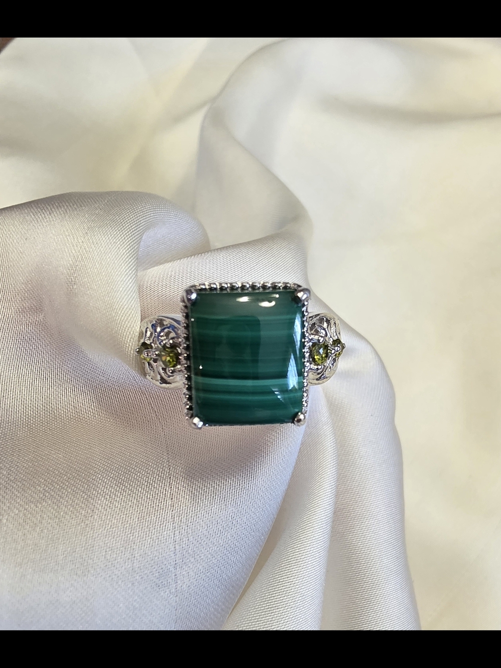 African Malachite, Platinum Bond Brass Ring Size 8
